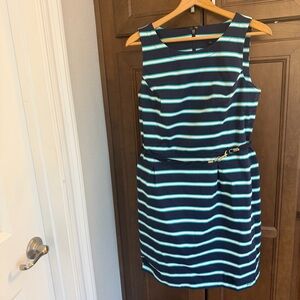 Tommy Hilfiger Navy and Aqua Striped Midi Dress